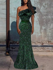 Aimishang Mermaid / Trumpet Evening Gown Sparkle & Shine Dress Wedding Guest Engagement Sweep / Brush Train Sleeveless One Shoulder Sequined with Sequin Ruffles