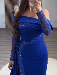 Sheath / Column Glitter Evening Gown Elegant Dress Formal Prom Floor Length Long Sleeve Off Shoulder Stretch Fabric with Ruched Sequin