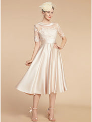 Aimishang  A-Line Mother of the Bride Dress Wedding Guest Elegant Petite Scoop Neck Knee Length Satin Lace Half Sleeve with Appliques Ruching Solid Color
