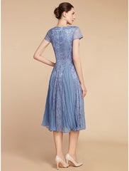 Aimishang  A-Line Mother of the Bride Dress Wedding Guest Elegant Petite V Neck Knee Length Chiffon Lace Short Sleeve with Ruching Solid Color