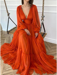 Aimishang A-Line Evening Gown Elegant Dress Red Green Dress Formal Wedding Guest Floor Length Long Sleeve V Neck Chiffon with Ruched