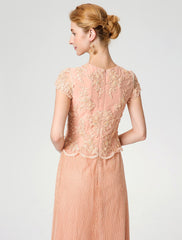 Aimishang Sheath / Column Mother of the Bride Dress Formal Vintage Inspired Jewel Neck Ankle Length Chiffon Beaded Lace Short Sleeve No with Lace Beading