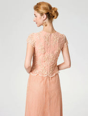 Aimishang  Sheath / Column Mother of the Bride Dress Formal Vintage Inspired Jewel Neck Ankle Length Chiffon Beaded Lace Short Sleeve No with Lace Beading