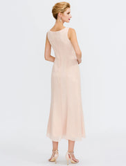 Aimishang  Two Piece Sheath / Column Mother of the Bride Dress Wedding Guest Plus Size Elegant with Jacket Long Sleeve Scoop Neck Tea Length Chiffon Sash / Ribbon Pleats Beadin