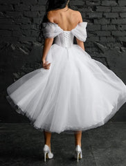 Aimishang Bridal Shower Simple Wedding Dresses Wedding Dresses A-Line Scoop Neck Sleeveless Tea Length Satin Bridal Gowns With Solid Color