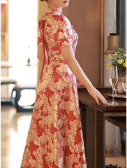 A-Line Evening Gown Chinese Style Dress Engagement Floor Length Half Sleeve Stand Collar Satin with Pearls Strappy