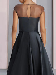 A-Line Mother of the Bride Dress Wedding Guest Party Elegant Scoop Neck Tea Length Satin Half Sleeve with Flower