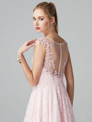 A-Line Prom Dresses Floral Dress Evening Party Ankle Length Short Sleeve Illusion Neck Lace Zipper with Appliques