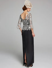 Aimishang Sheath / Column Mother of the Bride Dress Jewel Neck Floor Length Satin Lace 3/4 Length Sleeve with Lace