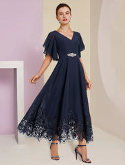 Aimishang  A-Line Mother of the Bride Dress Formal Fall Wedding Guest Elegant V Neck Tea Length Chiffon Lace Short Sleeve with Appliques Crystal Brooch