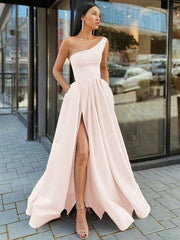 Aimishang A-Line/Princess Satin Ruffles One-Shoulder Sleeveless Floor-Length Prom Dresses