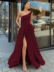 Aimishang A-Line/Princess Satin Ruffles One-Shoulder Sleeveless Floor-Length Prom Dresses