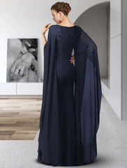 Aimishang Sheath / Column Mother of the Bride Dress Elegant Jewel Neck Floor Length Chiffon Long Sleeve with Sash / Ribbon Appliques
