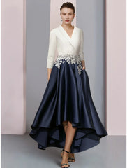Aimishang A-Line Mother of the Bride Dress Wedding Guest Elegant V Neck Asymmetrical Satin Lace 3/4 Length Sleeve with Ruching