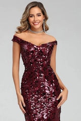 Off-the-Shoulder Burgundy Seuqins Prom Dress Long Mermaid Evening Party Gowns