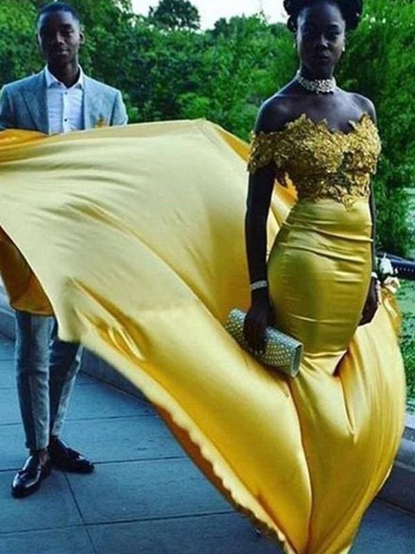 Off-The-Shoulder Chapel Train Satin Dresses With Appliques