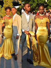 Off-The-Shoulder Chapel Train Satin Dresses With Appliques