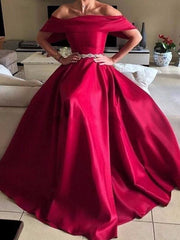 Off-The-Shoulder Floor-Length With Sash/Ribbon/Belt Satin Dresses