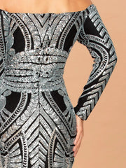 Off-the-Shoulder Long Sleeve Prom Dress Mermaid Sequins Evening Gowns
