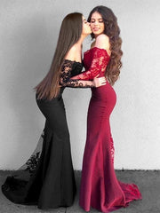 Off-The-Shoulder Long Sleeves Satin Mermaid Prom Dresses with Appliques