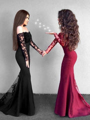Off-The-Shoulder Long Sleeves Satin Mermaid Prom Dresses with Appliques