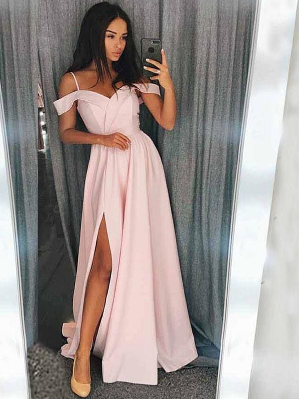 Off-The-Shoulder Ruffles Satin Long Evening Dresses with Slit