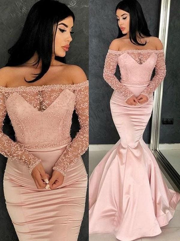 Off-The-Shoulder Ruffles Satin Mermaid Prom Dresses with Sleeves
