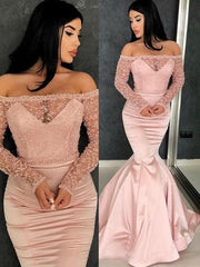 Off-The-Shoulder Ruffles Satin Mermaid Prom Dresses with Sleeves