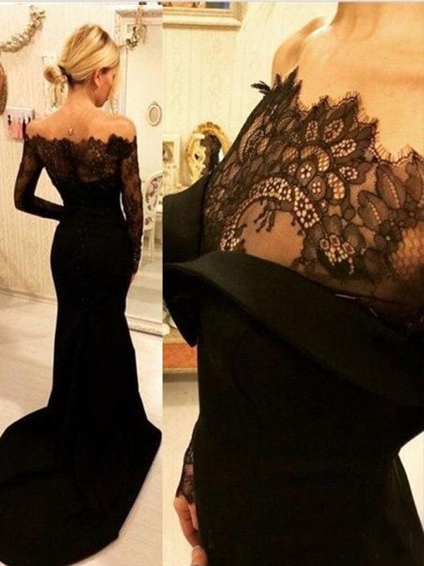 Off-The-Shoulder Satin Black Mermaid Prom Dresses Lace Appliques