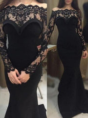 Off-The-Shoulder Satin Black Mermaid Prom Dresses Lace Appliques