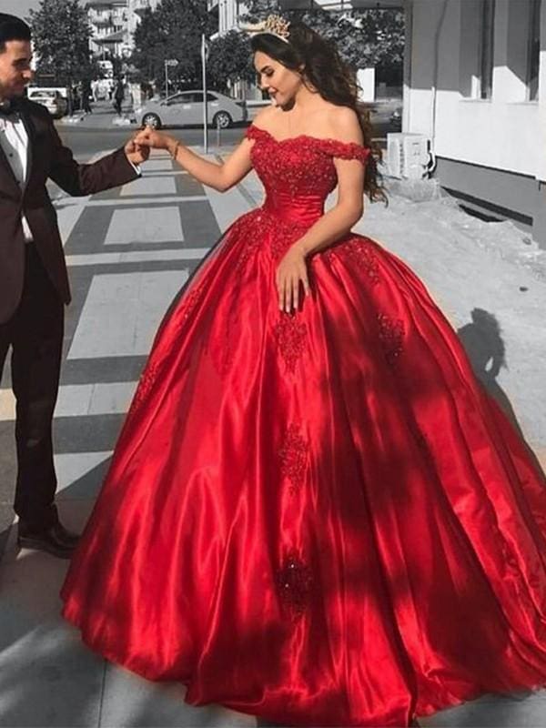 Off-the-Shoulder Satin Lace Dresses Red Ball Gown with Lace Appliques