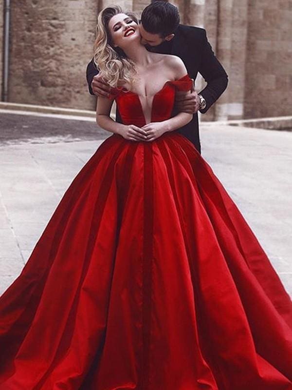 Off-the-Shoulder Satin Red Ball Gown Sweep/Brush Train Ruffles Dresses