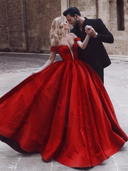 Off-the-Shoulder Satin Red Ball Gown Sweep/Brush Train Ruffles Dresses