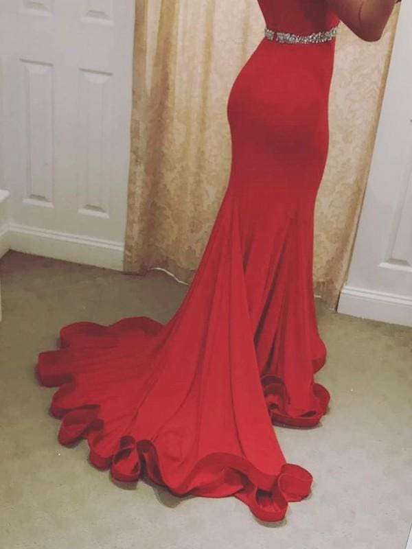 Off-The-Shoulder Sleeveless Red Prom Dresses With Beading