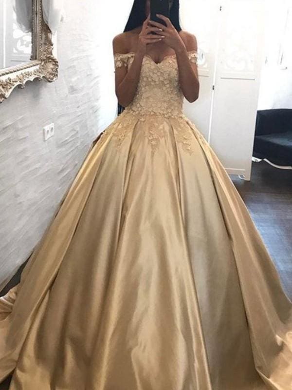 Off-the-Shoulder Sweep/Brush Train With Applique Satin Dresses