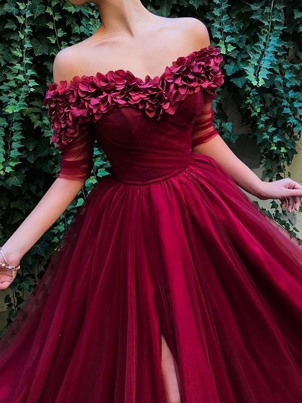 Off-The-Shoulder Sweep/Brush Train With Ruffles Tulle Dresses Half Sleeves