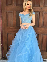 Off-The-Shoulder Tulle With Applique Floor-Length Two Piece Dresses