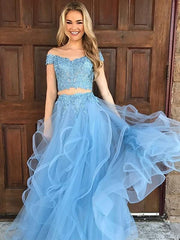 Off-The-Shoulder Tulle With Applique Floor-Length Two Piece Dresses