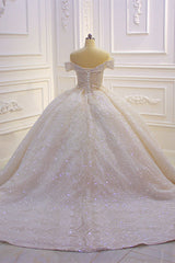 Off-the-Shoulder Wedding Dress with Ruffles, Sequins & Beading