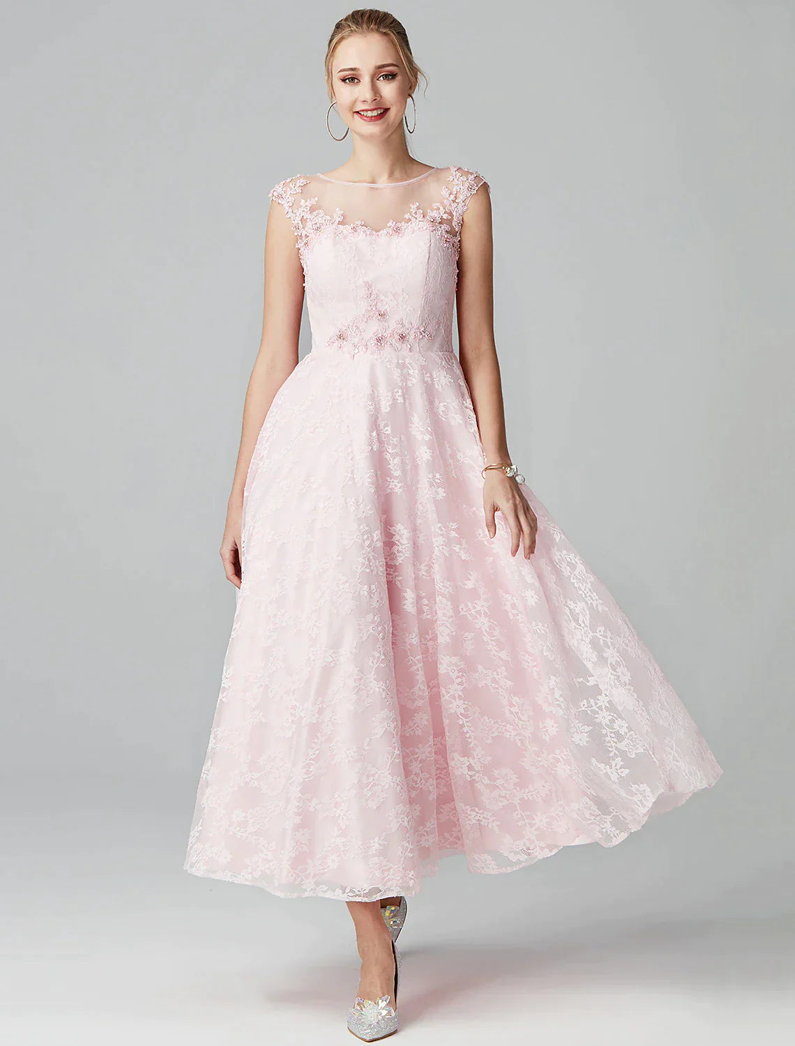 A-Line Prom Dresses Evening Party Ankle Length Short Sleeve Lace Zipper Applique