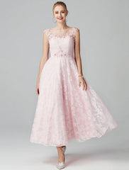 A-Line Prom Dresses Floral Dress Evening Party Ankle Length Short Sleeve Illusion Neck Lace Zipper with Appliques