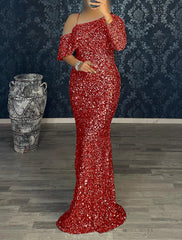 Mermaid Dress Evening Gown Red Green Dress Cocktail Party Sweep / Brush Train Long Sleeve One Shoulder Sequined with Sequin