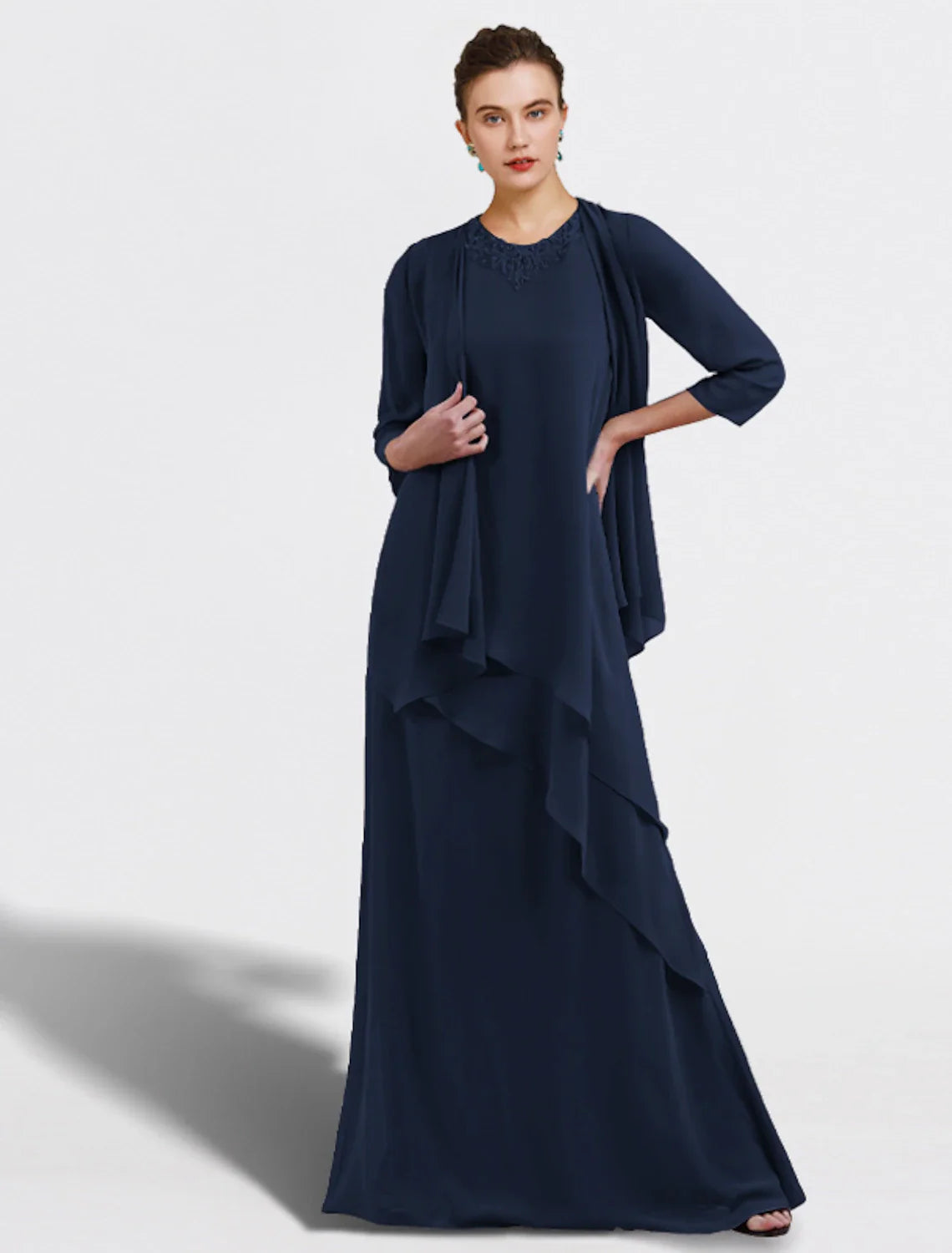 Aimishang  Two Piece A-Line Mother of the Bride Dress Plus Size Elegant Jewel Neck Floor Length Chiffon Sleeveless Wrap Included with Ruffles Appliques