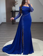 Sheath / Column Glitter Evening Gown Elegant Dress Formal Prom Floor Length Long Sleeve Off Shoulder Stretch Fabric with Ruched Sequin