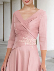 A-Line Mother of the Bride Dress Vintage Elegant V Neck Tea Length Satin Lace Half Sleeve with Appliques Side-Draped