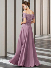 A-Line Mother of the Bride Dress Elegant Off Shoulder Floor Length Chiffon Lace Short Sleeve with Appliques Long