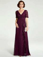 Sheath / Column Mother of the Bride Dress V Neck Floor Length Lace Short Sleeve with Lace Beading