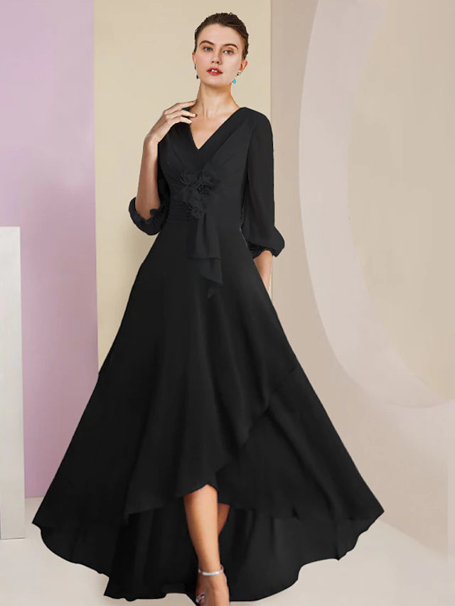 A-Line Mother of the Bride Dress Formal Wedding Guest Vintage Elegant V Neck Asymmetrical Ankle Length Chiffon 3/4 Length Sleeve