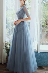 On Sale: Dusty Blue Lace-Up Evening Dress with Sequins - Hale Sleeves Long