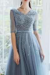 On Sale: Dusty Blue Lace-Up Evening Dress with Sequins - Hale Sleeves Long